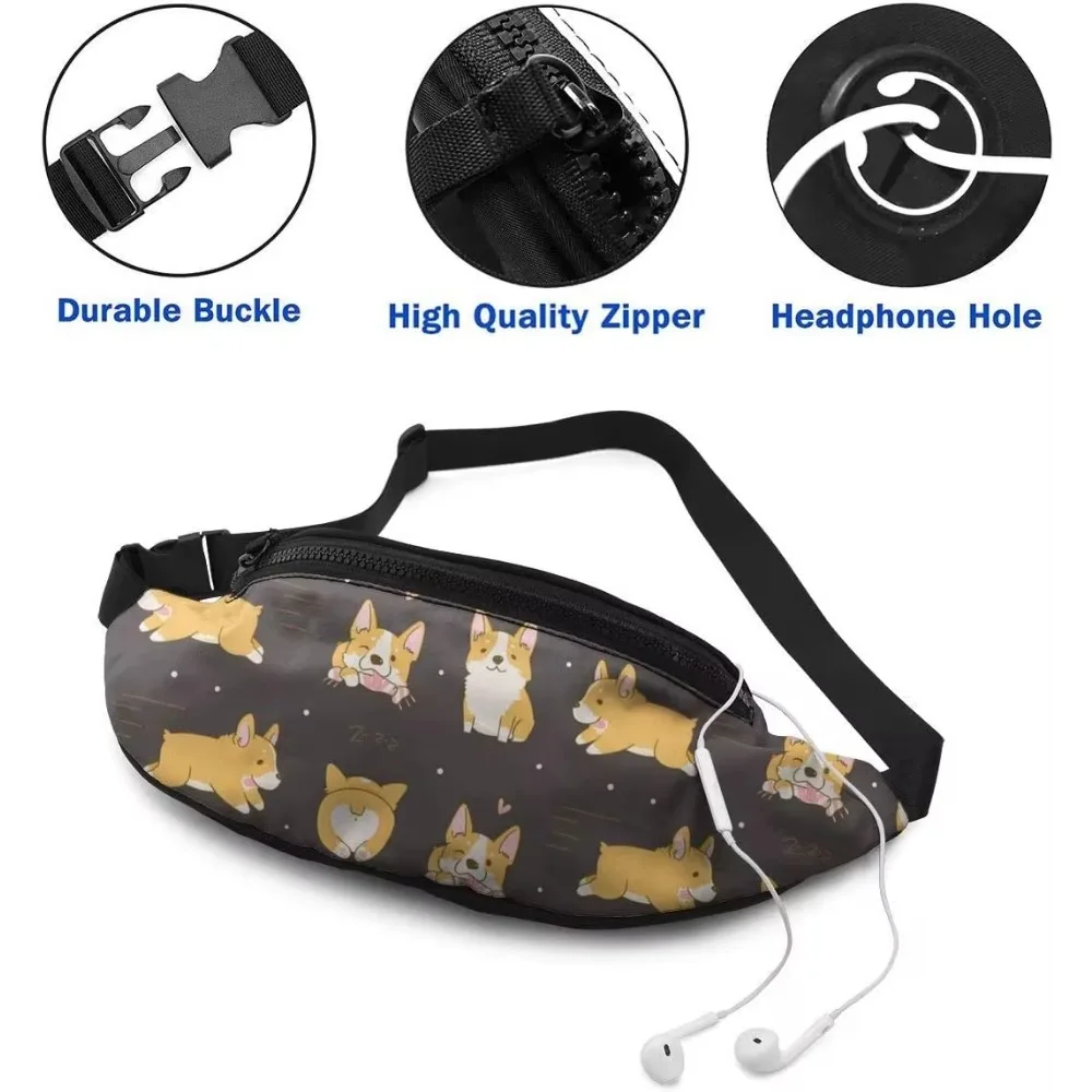 Fanny Pack Kawaii Corgi Cute Dog Waist Bag with Headphone Hole Belt Bag Adjustable Sling Pocket Fashion Hip Bum Bag for Outdoors