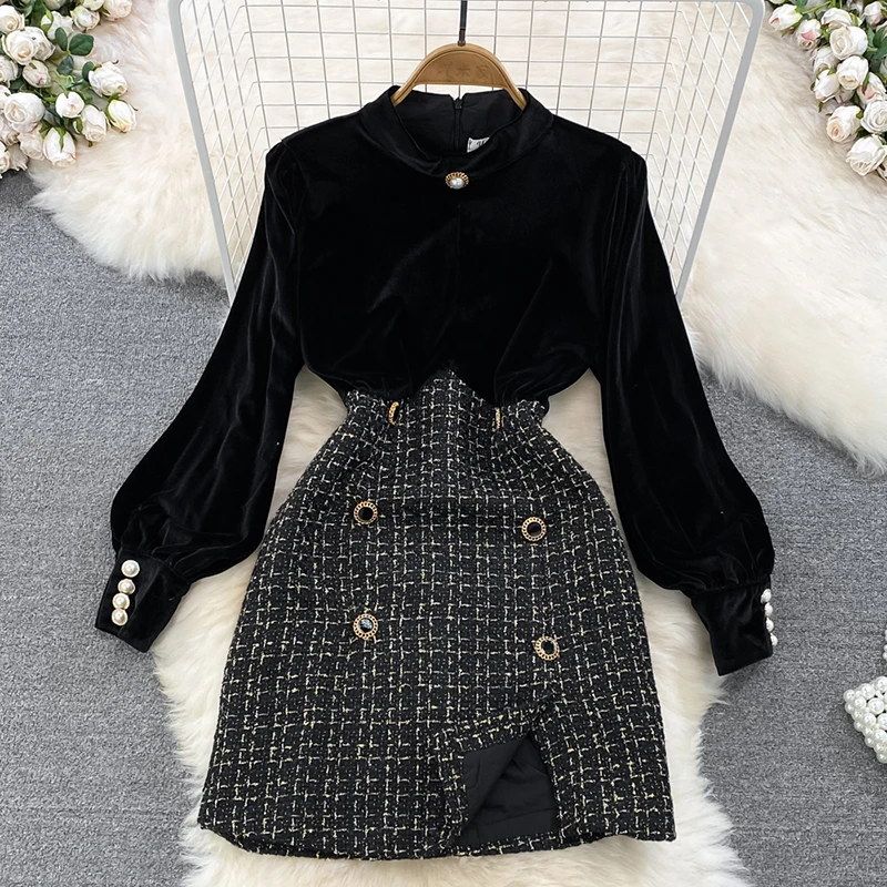 

Multi Size Women's Stand Pleuche Tweed Patchwork Contrast Color High Waist Dress 2023 Autumn New Dresses