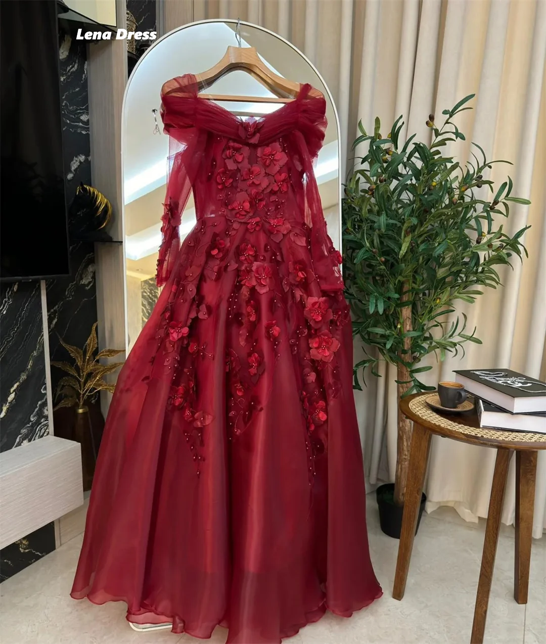 Lena Flowers Very Luxurious Evening Dresses High Quality High Quality Customized Party Dresses Woman 2025 Red Long Sleeves Prom