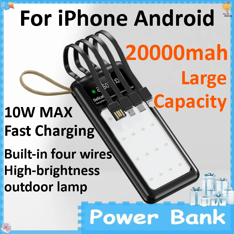 

20000mAh Large Capacity Power Bank with Cable Camping Light Portable External Battery for IPhone Android