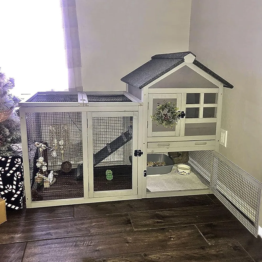 

Rabbit Hutch Indoor Outdoor 51.6''L Chicken Coop Bunny Cage with Run,Guinea Pig House Pull Out Upper Tray