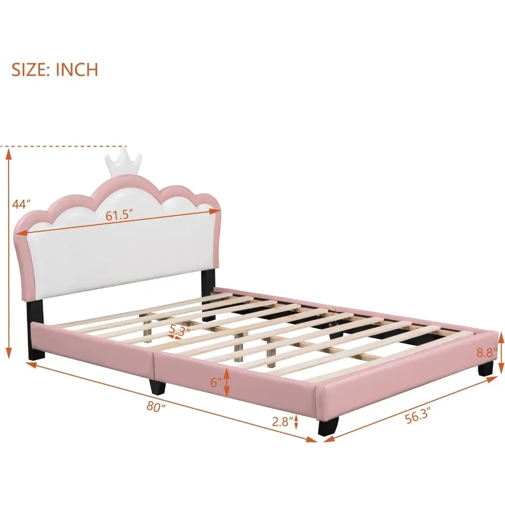 Full Size Princess Bed Frame with Crown Shaped Headboard for Kids,Upholstered Platform Bed with Slats Support,Pink Girls Bed