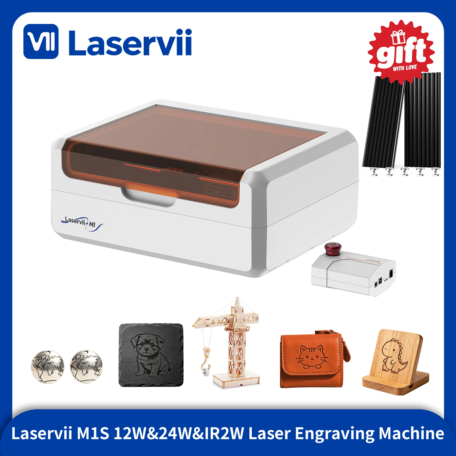 12W/24W/Ir2W Laser Engraver Machine DIY Logo Marking Machine For DIY Craft Gift Cup Tumbler Ring Pen Phone Case Laservii M1S