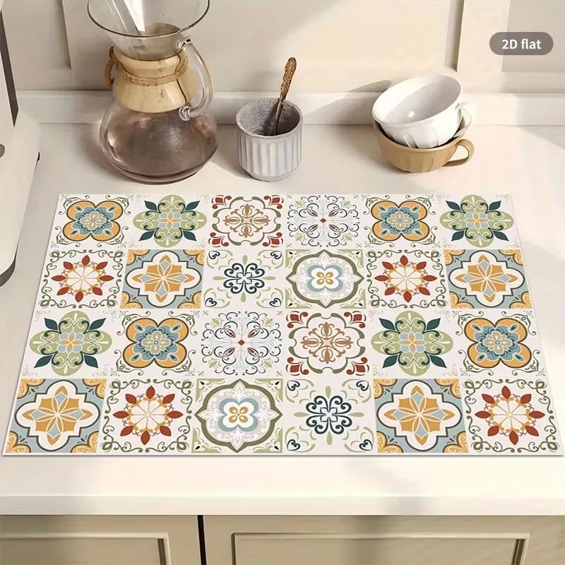 Kitchen Counter Pad Mediterranean Retro Ceramic Tile Fast Drying Mat Super Absorbent Protection Dustproof Placemat Cushion Pad