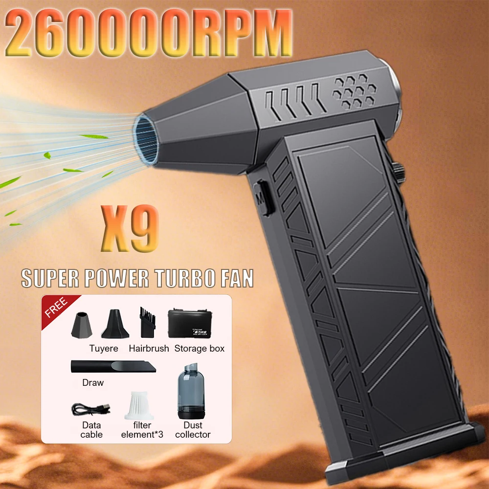 

260000 Автомобильный электрический воздушный пылесос RPM 8000 мАч Turbo Violent Fan X9 «все в одном» Бесщеточный двигатель 53M/S Ручной турбовентилятор для продувки и сосания