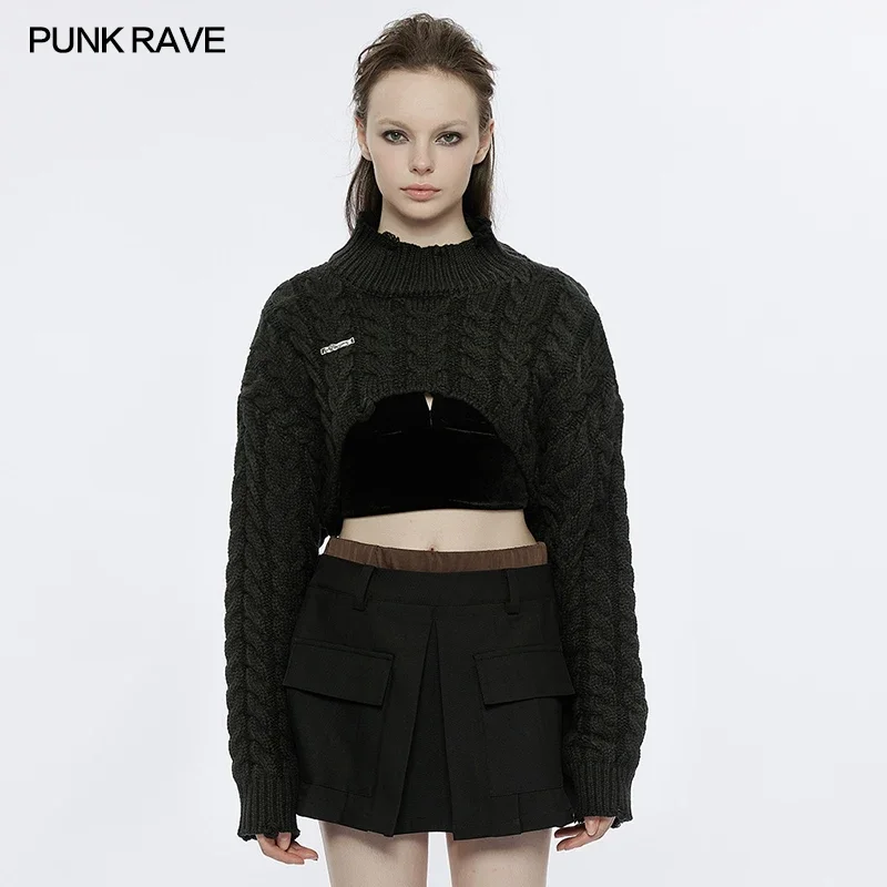 

PUNK RAVE Women's Hollowing Mid-thick Knitwear Loose Pullover Sweater Gothic Daily Ragged Neckline Hot Girl Short Black