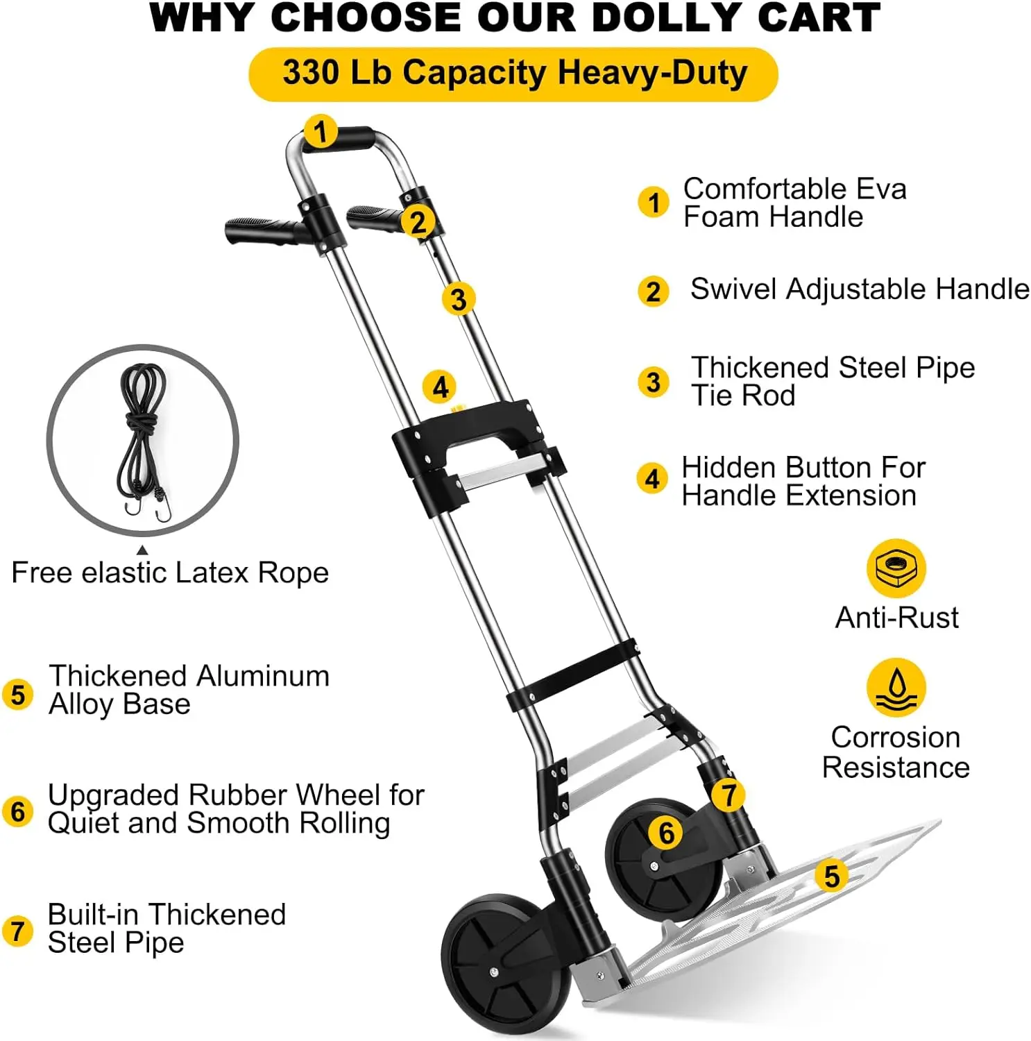 330 LB Capacity Folding Hand Truck Dolly Cart, Portable Aluminum Dolly Cart with Telescoping Handle and Rubber Wheels