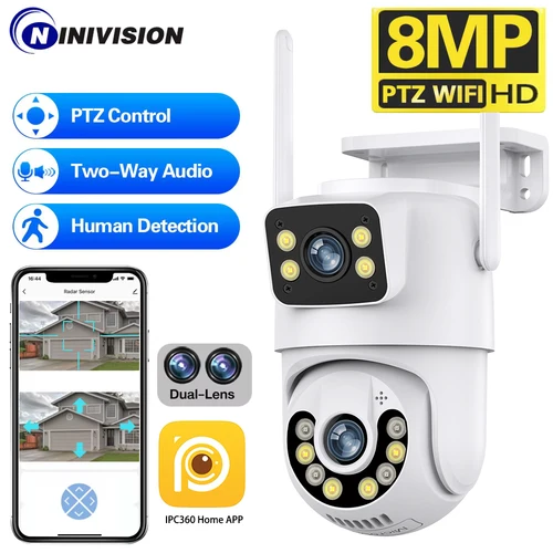 IPC360 Home 4K 8MP lente Dual pantallas Mini cámara PTZ inalámbrica Audio bidireccional visión nocturna en Color cámara Wifi impermeable al aire libre