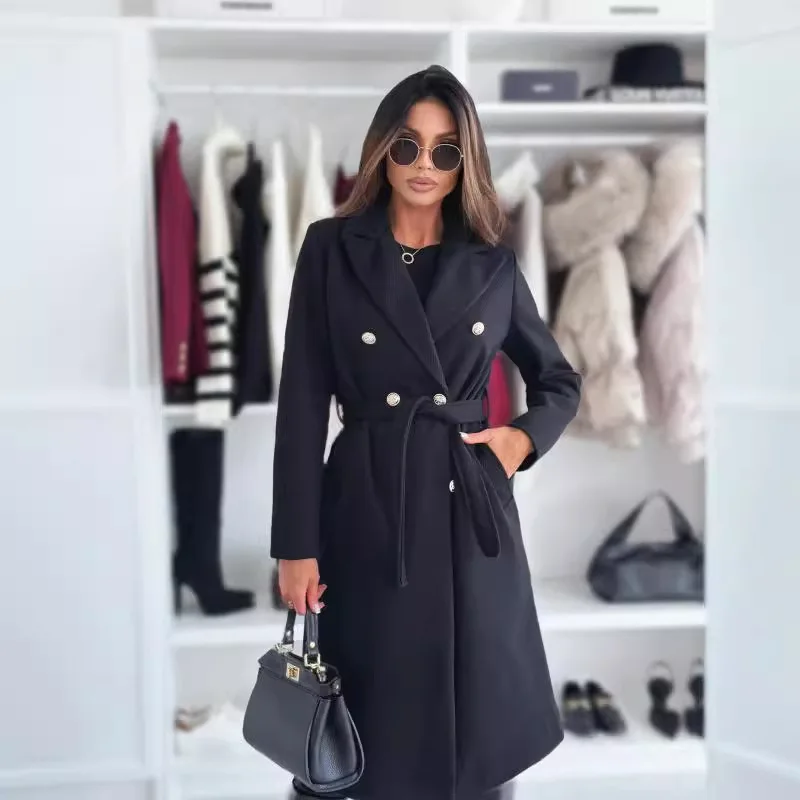Abrigo largo elegante con doble botonadura para mujer, chaqueta femenina de manga larga con cordones cálidos a la moda, prendas de vestir informales para otoño e invierno