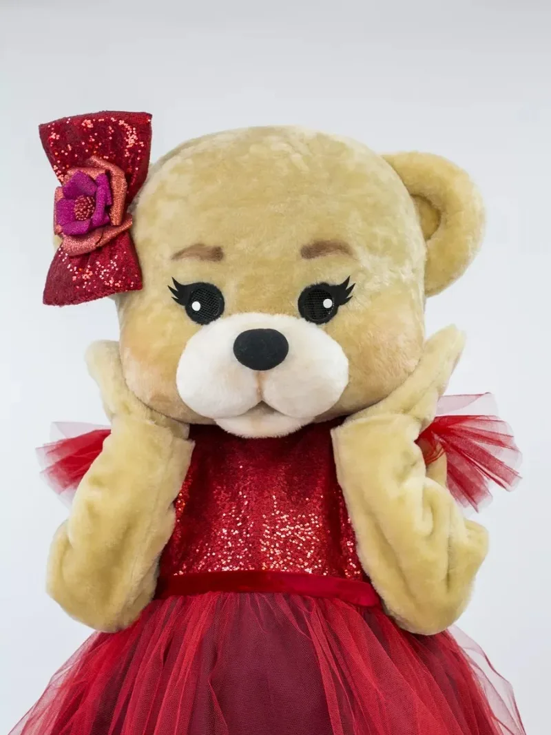 

Red Yarn Dress Brown Bear Mascot Costume Advertising Cartoon Clothes Halloween Carnival Fancy Party Outfits