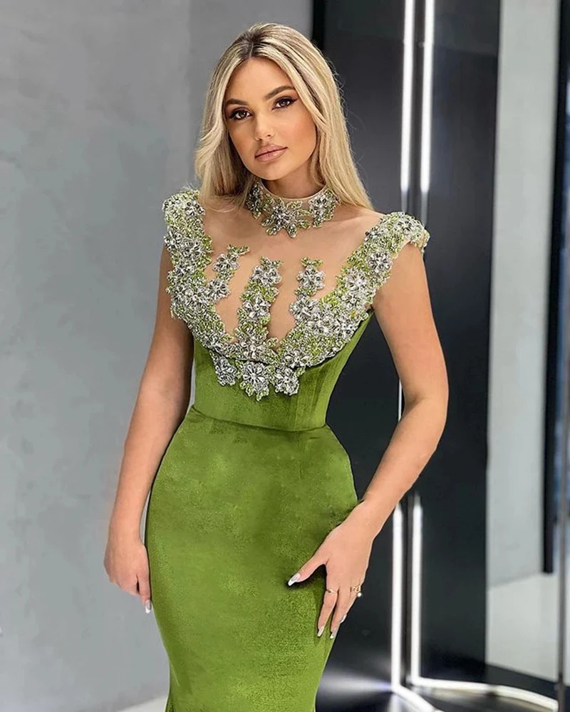 Green Vintage Mermaid suknie wieczorowe długie luksusowe 2022 Celebrity sukienka na studniówkę na szyję zroszony formalna suknia wieczorowa Vestidos De Noche