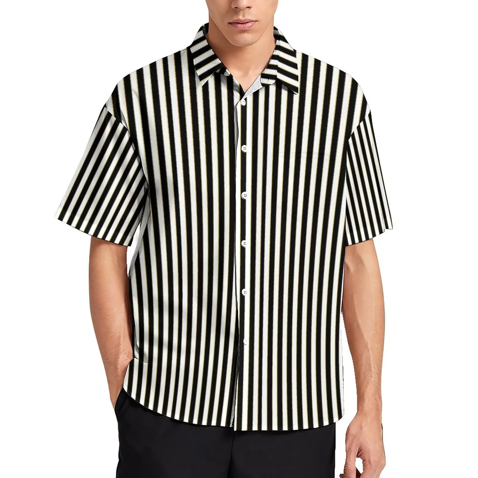 

Vertical Striped Blouses Male Black White Lines Casual Shirts Hawaiian Short Sleeve Custom Fashion Oversized Beach Shirt Gift