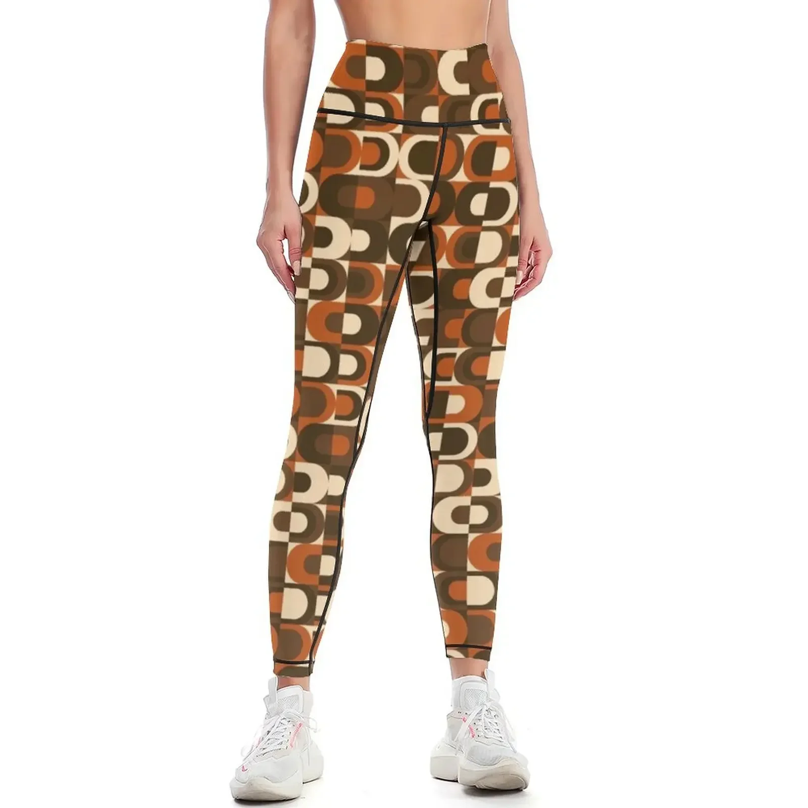 

70s Pattern Retro Inustrial in Orange and Dark Brown Leggings Legging sport Women's high waist harem pants Womens Leggings