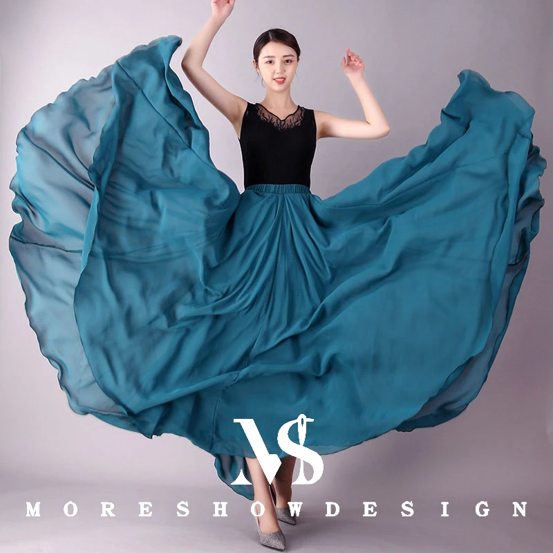 คลาสสิกเต้นรํากระโปรงชีฟองผู้หญิง 720 องศา Double Layer ขนาดใหญ่ Swing พื้นบ้านเต้นรํากระโปรงยาวกระโปรงเต้นรําอุปกรณ์เสริม