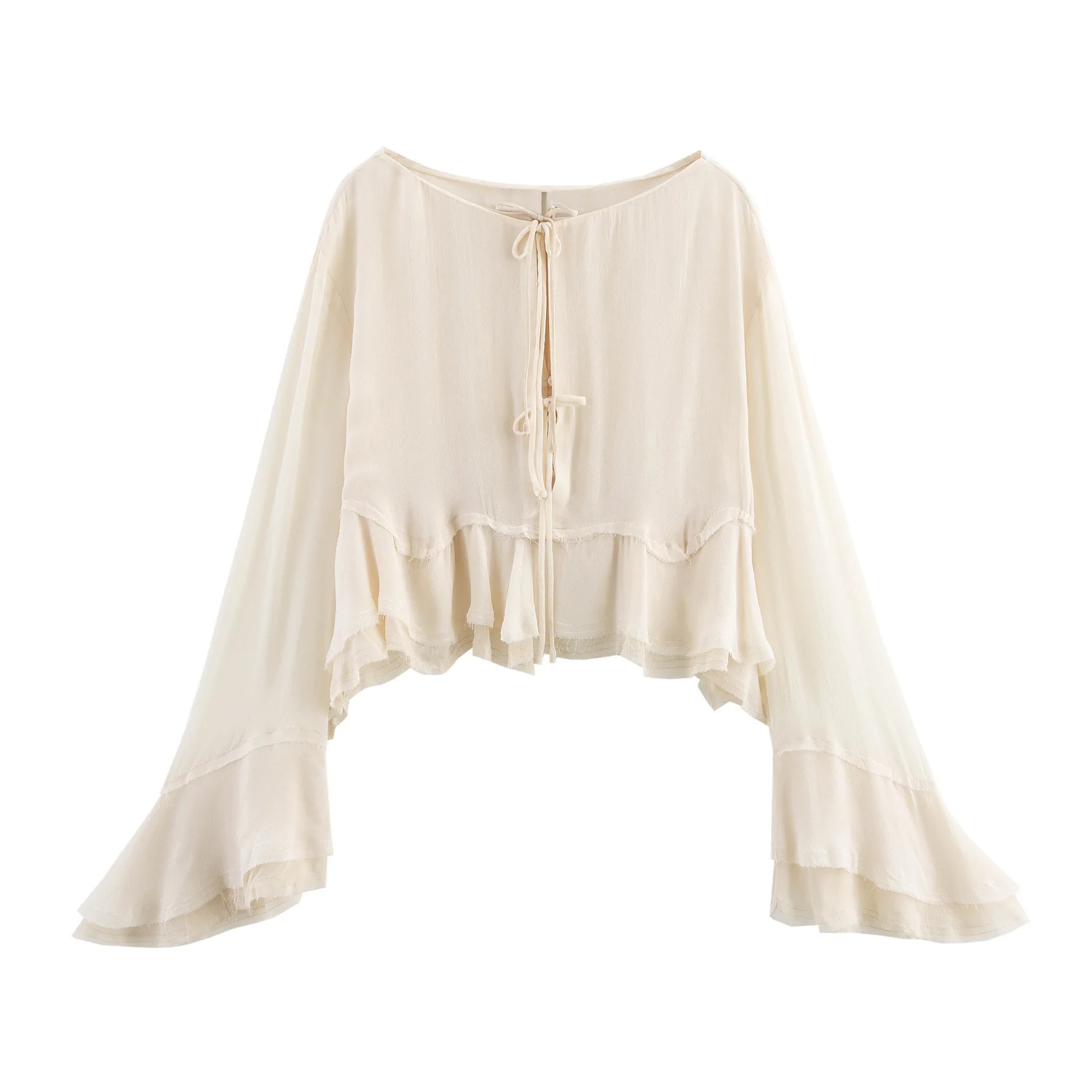 

TRAF & Women 2025 Spring New Fashion Lazy Style Laminated Decorative Shirt Chic Horn Sleeve Joker Crewneck Top Blouses Mujer