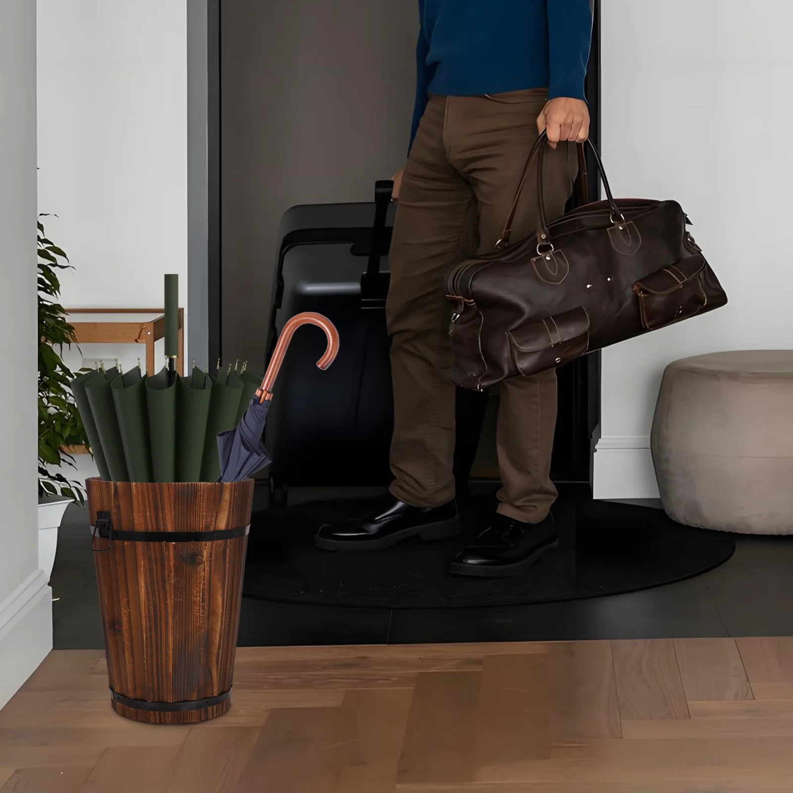 

Sturdy Wood Umbrella Bucket Stand Holder Storage Organizer Entryway Space-Saving Rain Umbrella Rack Container For Home Office