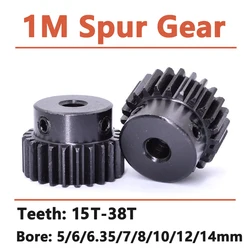 1PCS 1M 15T-38T Spur Gear Pinion Bore 5/6/6.35/7/8/10/12/14mm Model 1 Motor Gear With Step OD 14mm-40mm Carbon Steel Blackened