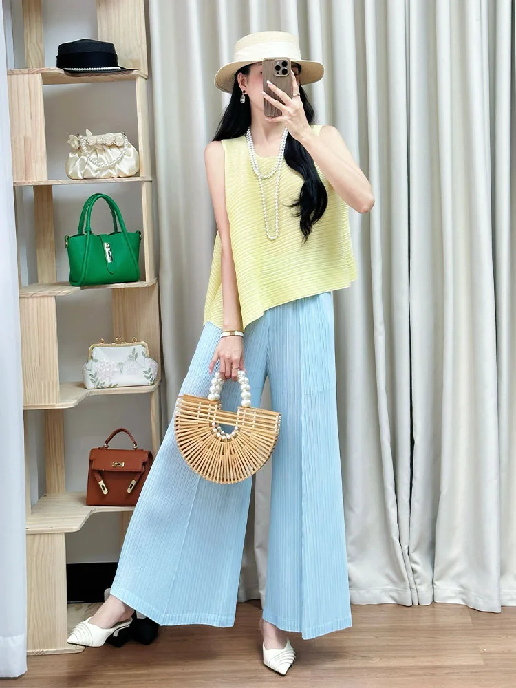 

Casual Blue Pants Yellow Top Set Women's Fashion Summer Ensemble Folded Design Breathable Polyester round Neckline Cover up