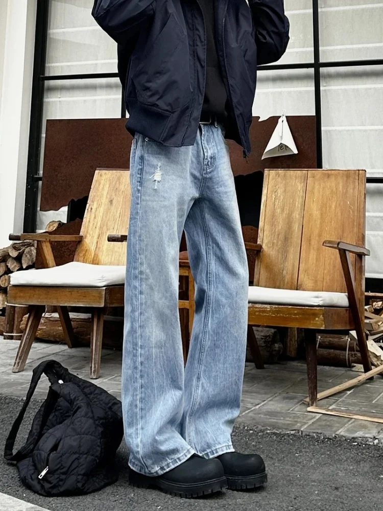 

Retro Wa Blue Men's Jeans Spring Autumn Tear Straight Leg American High Sensation Slim Micro Flared Pants Youth Trend