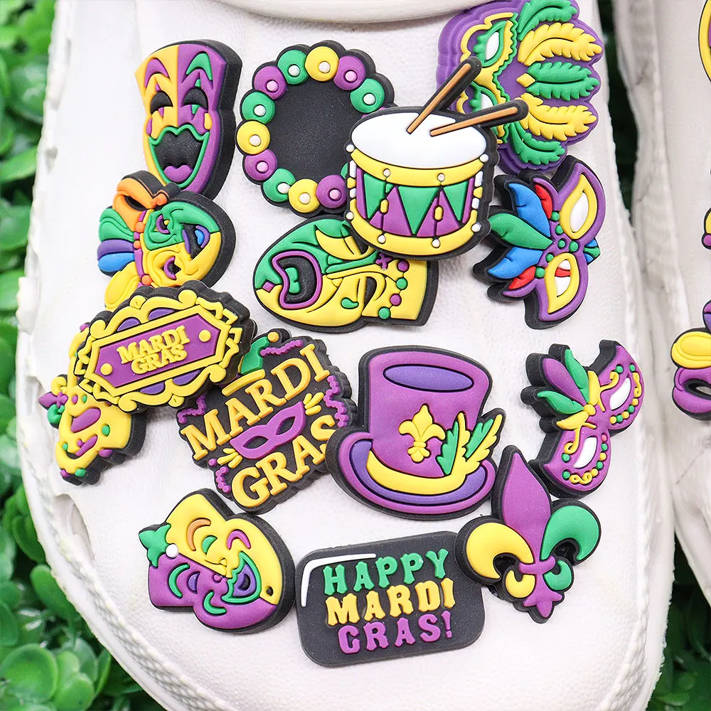 13-30Pcs Happy Mardi Gras Drum Hat PVC Shoes Button Charms Woman Man Sandals Accessories DIY Party Present