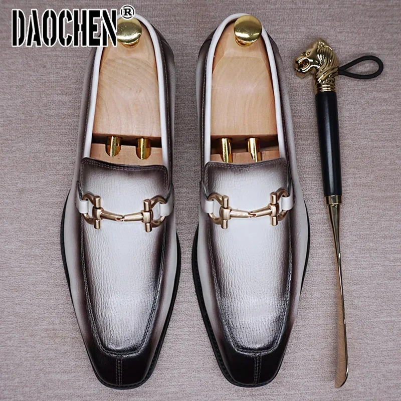 Luxury Men Leather Shoes Black White Horsebit Loafers Slip on Formal Men Dress Shoes Wedding Office Casual Shoes For Men