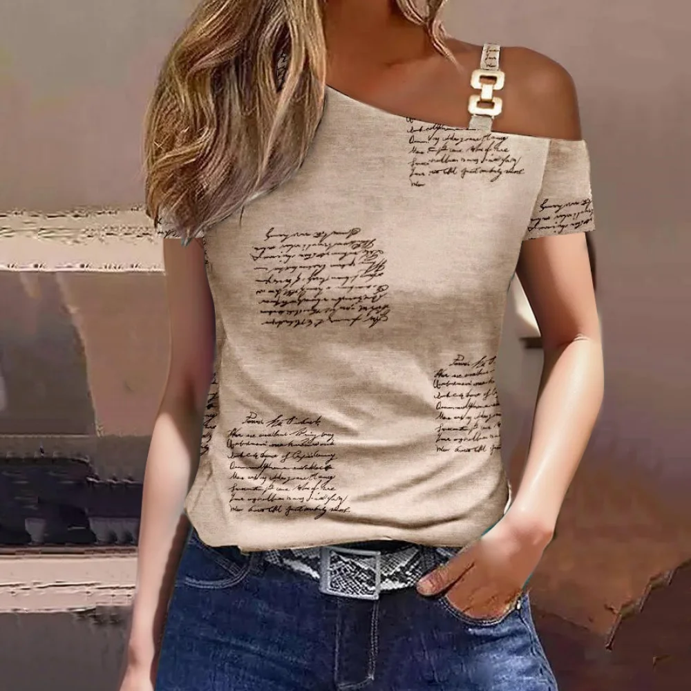 2025 Summer Off Shoulder Short Sleeve Blouse For Women Metal Sheet Diagonal Shirt Causal Loose Elegant Office Blouses And Shirts