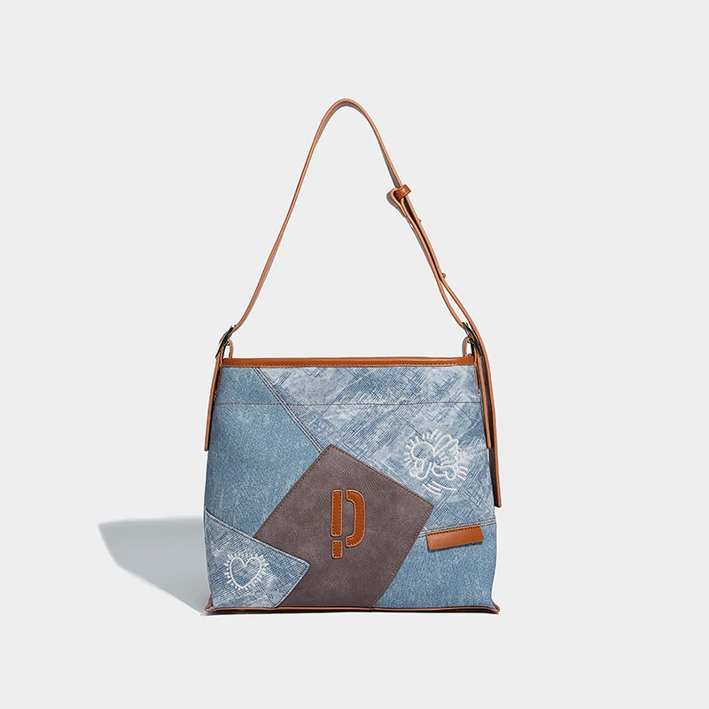 Grande capacidade diária versátil bolsa crossbody estilo neutro cor contrastante emenda sacola na moda moda estilo jeans bolsa de axila casual simples bolsa de ombro bolsa de viagem bolsa de compras bolsa de luxo