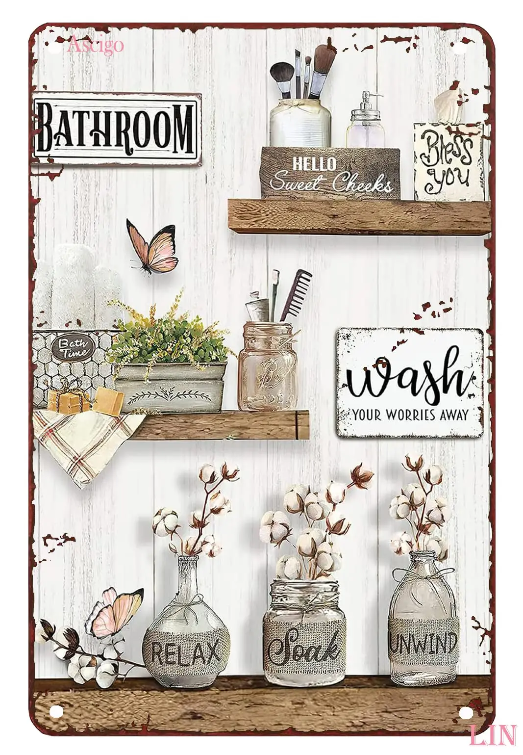 Antique Bathroom Sign Wall Art Rustic Farmhouse Wall Decor for Bathroom Bathroom Sign Poster Relax Soak Unwind Home Decor for Ba