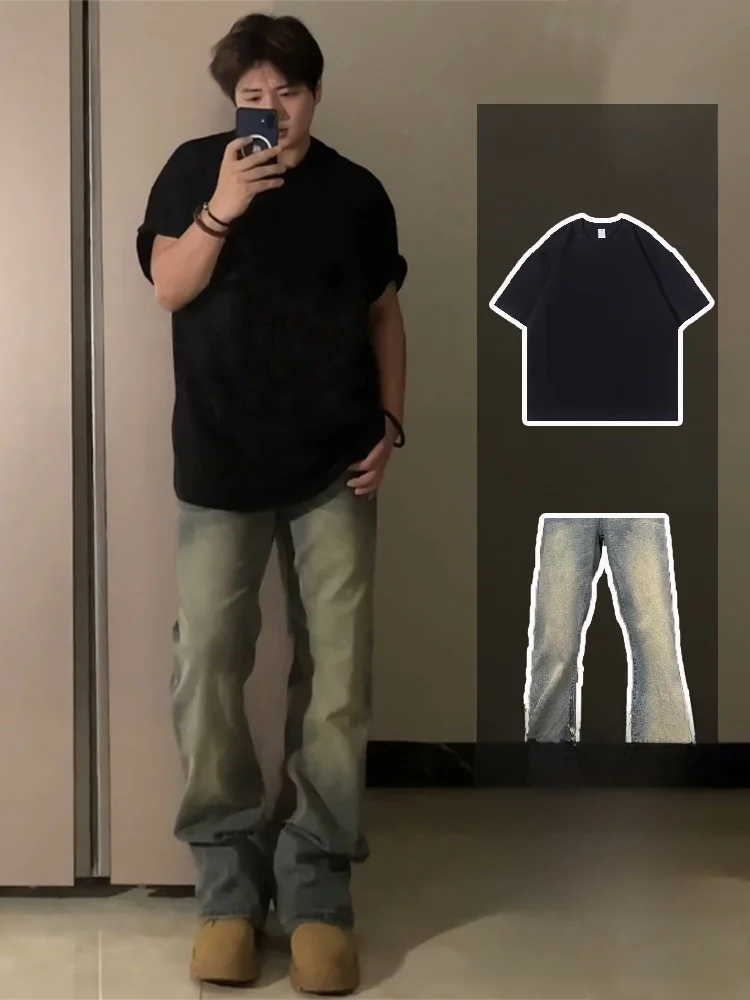 

Мужской джинсовый комплект больших размеров: винтажные синие джинсы с расклешенными штанинами, средней посадкой, в американском стиле, молодежная мода