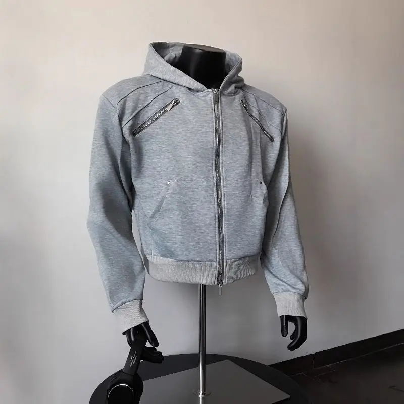 Grey Padded Shoulder Open-front Hoodie Sweatshirt For Men And Women High-end Edgy Chic 3D Jacket For Trendy Men