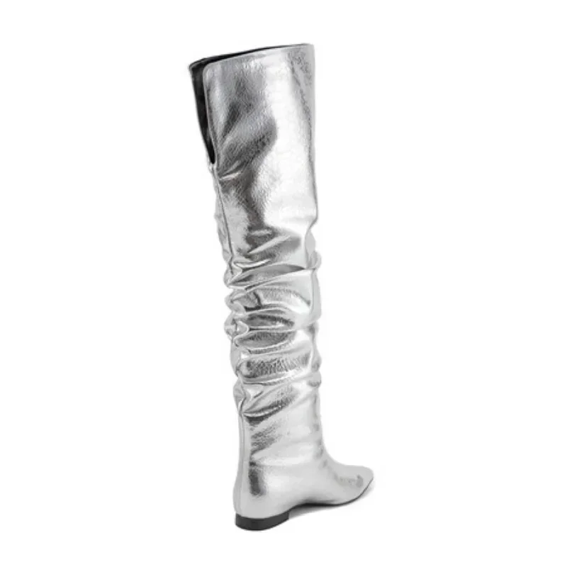 2023 Flat Bottomed Boots Silver Fashion Pleated Shoes 35-45 Thigh Boots Pointed Toe Internet Celebrity Low Heeled Women\'s Boots