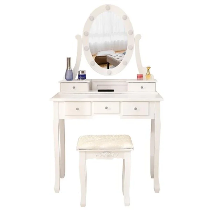 Dressing Table with Sliding Mirror and Stool Makeup Desk Cosmetic Table with 5 Drawers Light Bulbs Set for Bedroom