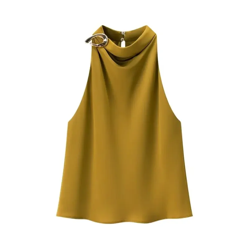 

Simple Lady Suspender Tops Halter Sleeveless Button Vest Solid Color Summer Elegant Woman Off Shoulder Sexy Fashion Tops