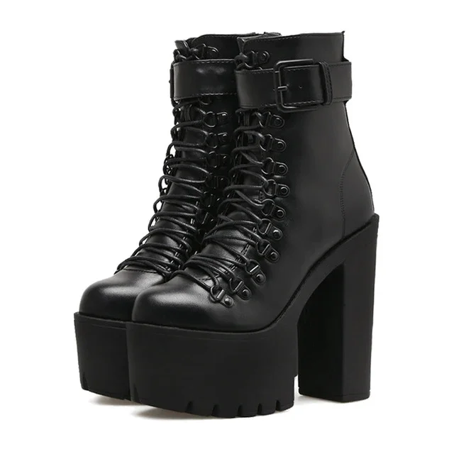 

Motorcycle Boots Leather Metal Buckle High Heels Shoes Zipper Black Woman Ankle Lacing designer brand luxury women shoes 2024