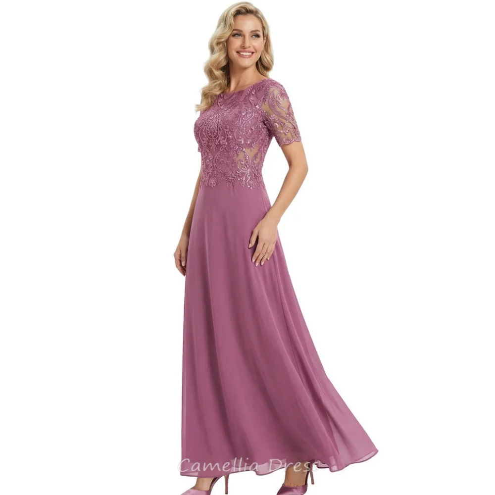 Mother of the Wedding Dress Customized A Line Lace Chiffon Party Gown Vintage Short Sleeve Evening robe invitée mariage