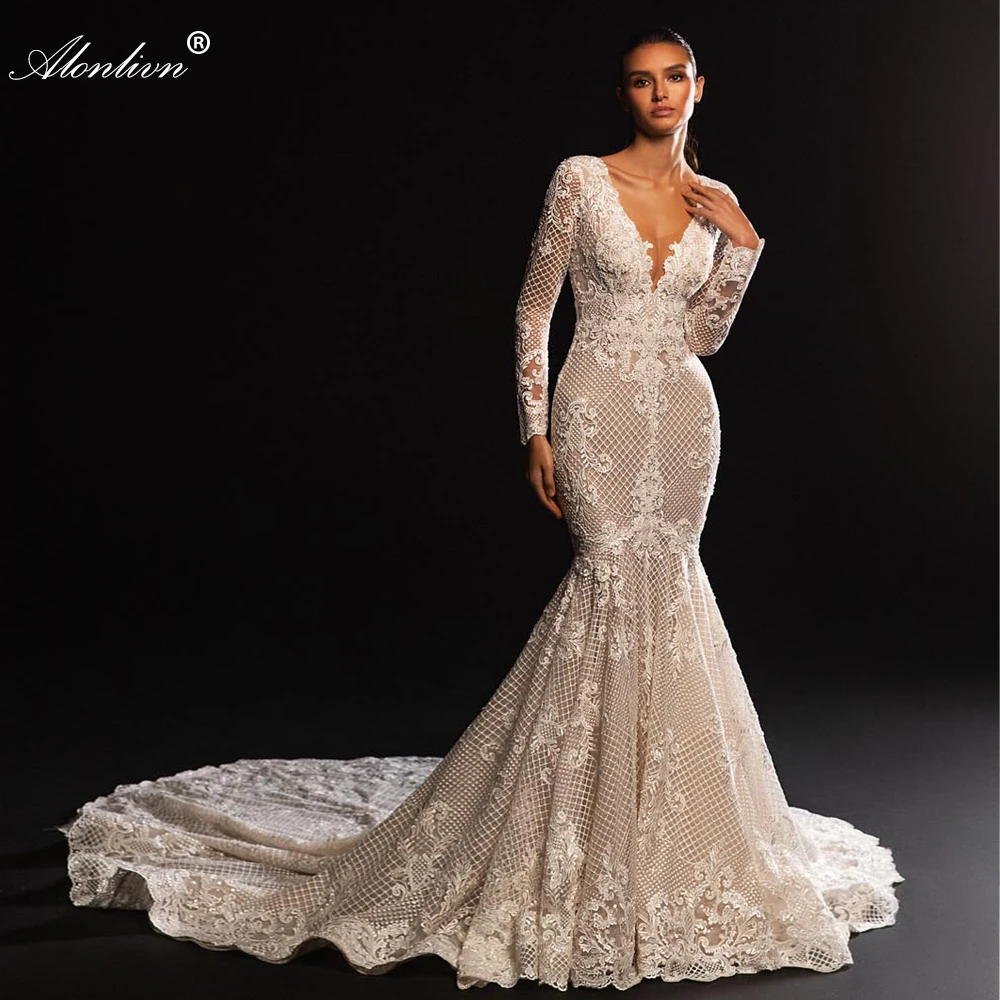 Alonlivn Graceful  Grid Lace Mermaid Wedding Dresses Beading Pearls Appliques Deep V-Neck Trumpet Bridal Gowns