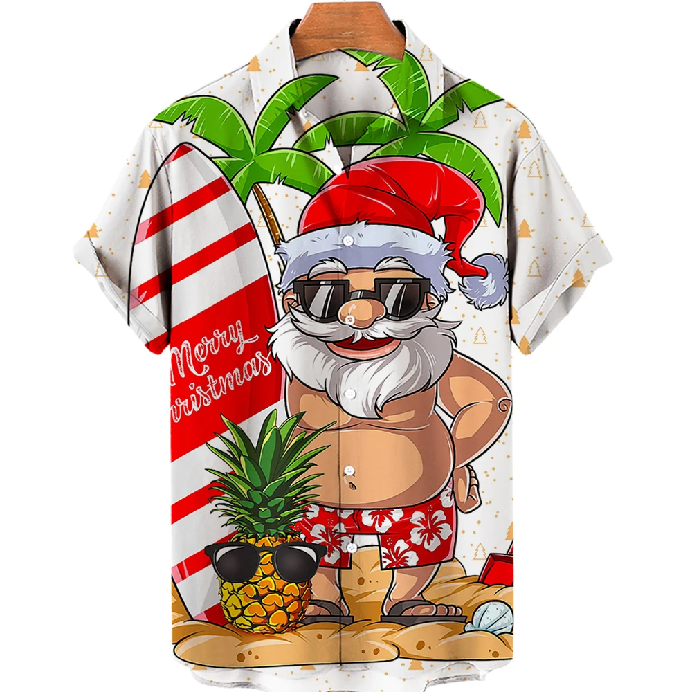 Camisa estampada de Natal Harajuku masculina, tops havaianos, roupas extragrandes, camiseta de lapela, moda natalícia, verão