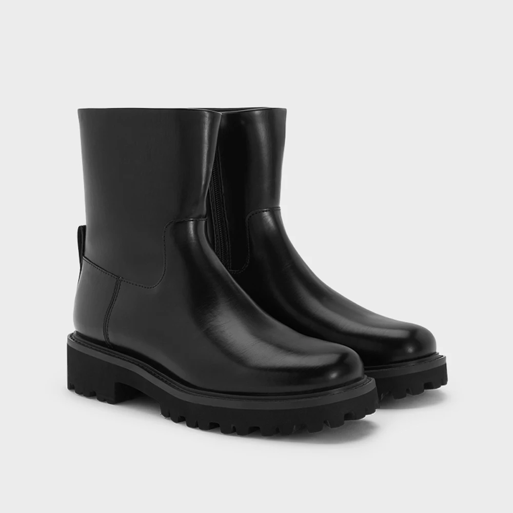 

FWRD Women's Leather Round-Toe Chunky-Sole Zipper Ankle Boots, Comfortable for Daily & Retro British Style #FWRD000285