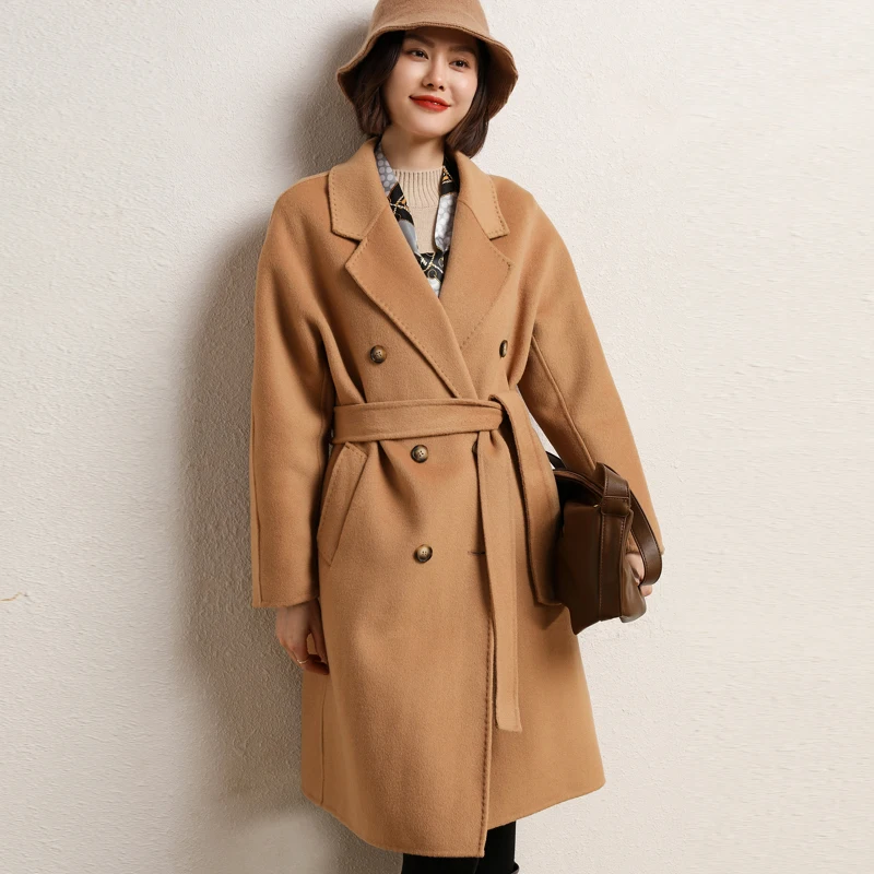 

Autumn and Winter High end Double faced Wool Coat Women's Mid Length Silhouette Lace up Pure Wool Coat New