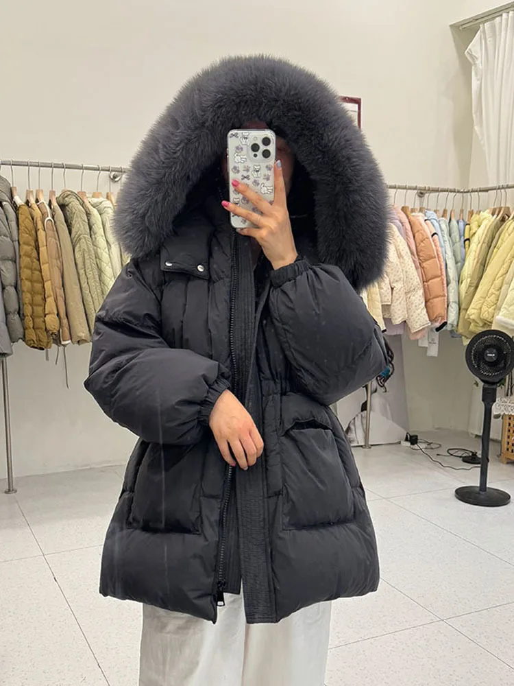 New Winter Large Real Raccoon Fur Hooded Duck Down Filling Jacket Women Loose Waterproof Puffer Coat Thickened Warm Soft Parka