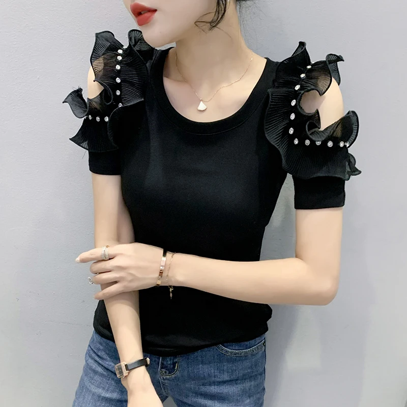 

Женская футболка с короткими рукавами, черная хлопковая футболка в Корейском стиле с оборками и заклепками, ручная работа, Новинка лета 4328