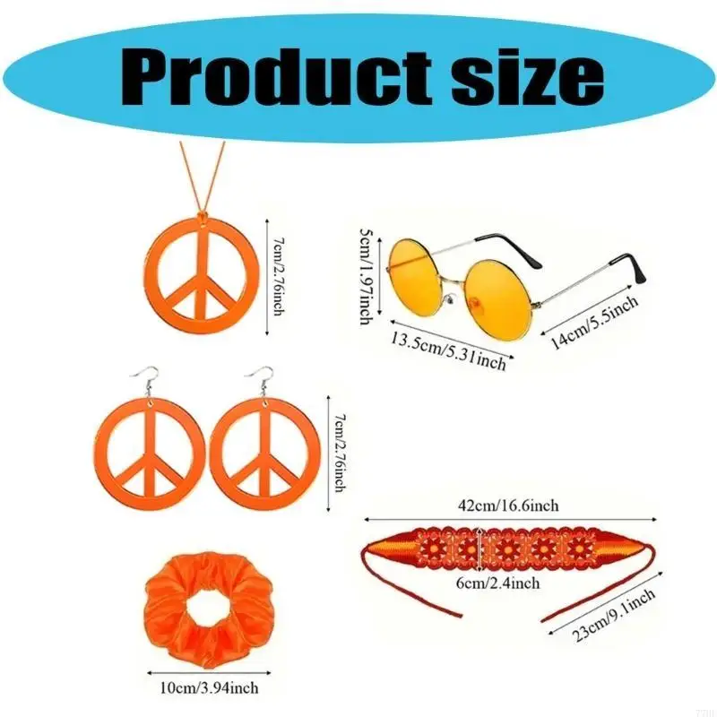 

77HE 1970s Hippie Costume Jewelry Set Knitted Headband Necklace Earrings Glasses Hair Band for Women Cosplay Music Concert