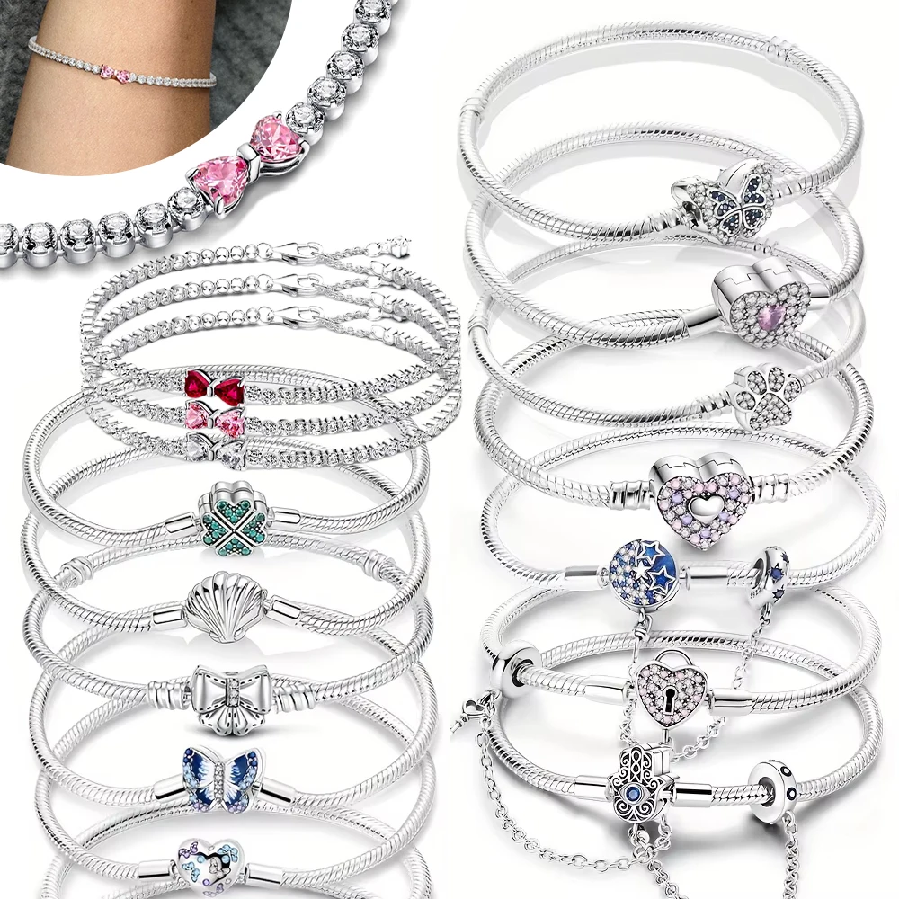 Charm Bracelet Original 17-20CM Star Moon Sun Four Leaf Clover Green Zircon Bracelets Fit DIY Charm Women Birthday Jewelry Gifts
