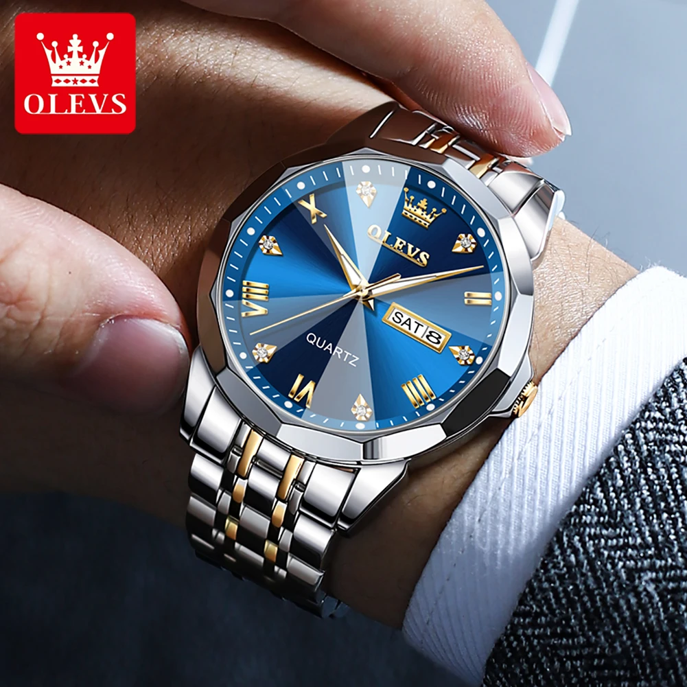 OLEVS Men\'s Watches Top Brand Original Quartz Watch for Man Waterproof Rhombus Mirror Luminous Wristwatch Date Week Casual New