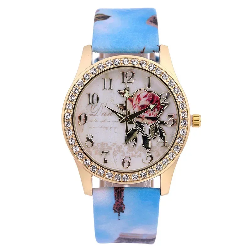 Fashion Horloges Vrouwen Strass Ingelegde Bloem Ronde Wijzerplaat Kunstleer Band Quartz Horloge Mode Quartz Horloge Vrouwen Relojes