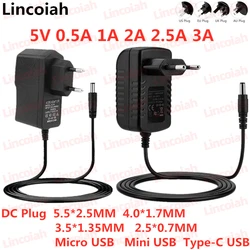 DC 5V 0.5A 0.8A 1A 2A 2.5A 3A AC 100-240V Converter Voedingsadapter Voeding 5 V Volt 1000MA Oplader 5.5*2.5mm Type-C Mini Micro USB