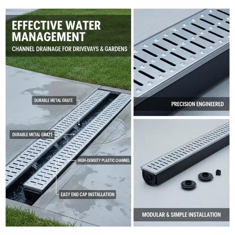 Außenrinnen-System, 3er-Set, Edelstahl-Entwässerungsgitter 15 x 13 x 100 cm, mit 3 Endstücken, Steckverbindung, für Gartenabfluss, Auffahrt, Pool, Gehweg