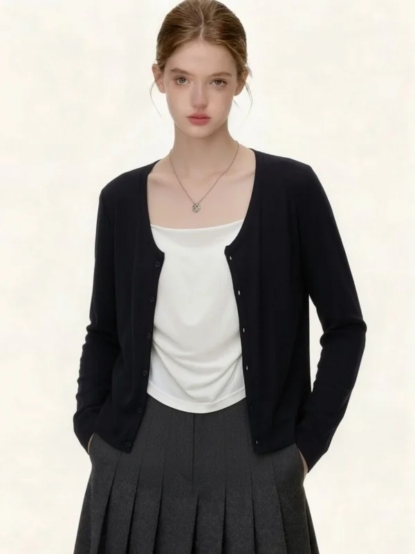 Black Lightweight Modal Sun Protection Cardigan Women's Summer Outerwear with Strap Dress Shawl Cover up Two Piece Set Top