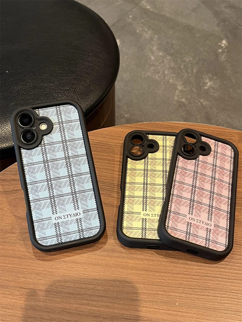 

Korea Cute plaid PU leather case for iPhone 11 12 13 Pro 14 15 16 Pro Max Kawaii silicone shockproof cover for 15 Pro