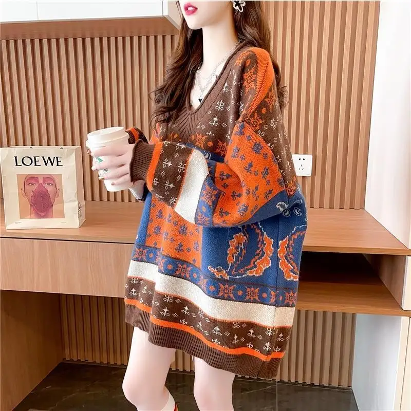 

Oversized Lazy Style V Neck Sweater Women New Autumn Winter Loose Knit Pullover Retro Jacquard Top Fashion